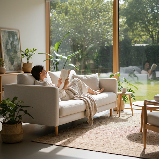 calm and peaceful lifestyle scene, a person sitting comfortably in a well-lit living room